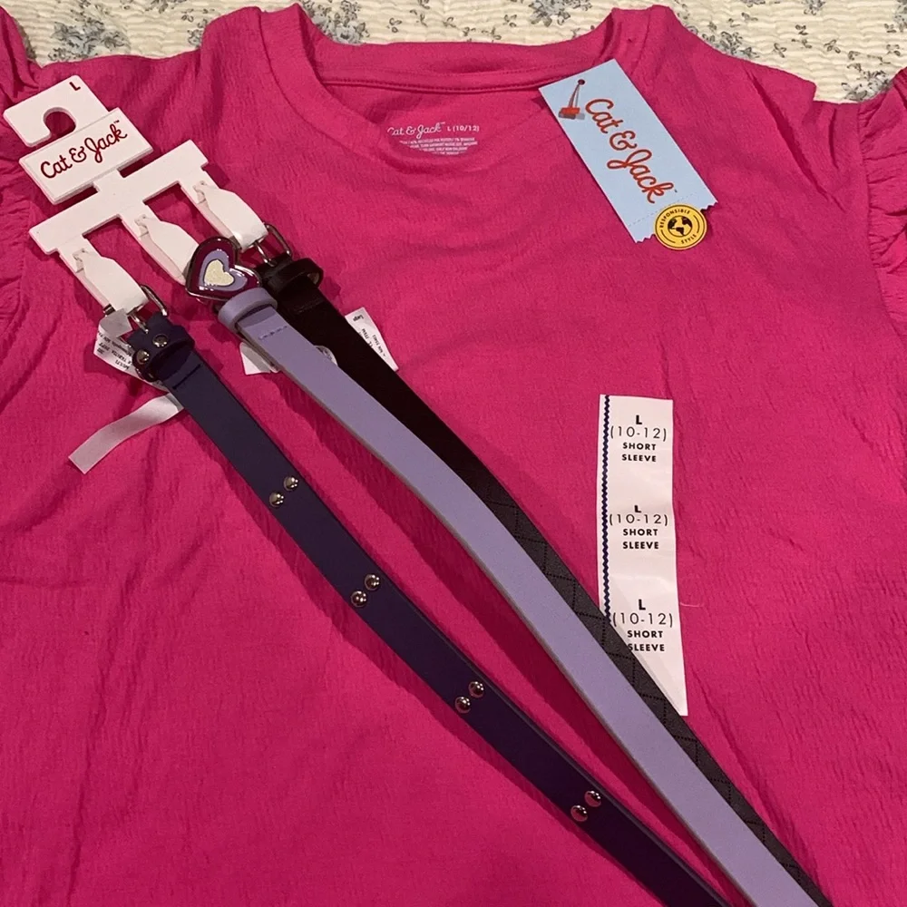 Cat & Jack Pink Shirt and 3 Belts NEW Size Large 10-12 Black Blue & Purple Belts